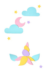 Unicorn and sky paper cut on white background - isolated