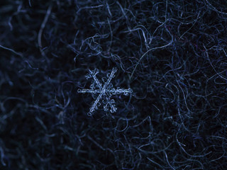 Beautiful detail of a snowflake, a single ice crystal in Paris winter, falls through the Earth's atmosphere as snow. Shining hexagonal crystals shape, used as a symbol of snow or crystal in science