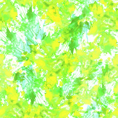 Seamless watercolor background with abstract pattern, green, yellow spots, splash of paint, silhouette of petals, branches, leaves. Beautiful pattern for your design. Art illustration for cards.