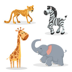 Cartoon trendy style african animals set.Cheetah, zebra, giraffe and elephant. Closed eyes and cheerful mascots. Vector wildlife illustrations.