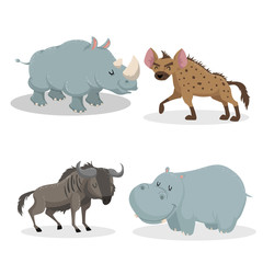 Cartoon trendy style african animals set. Rhino, hyena, wildebeest antelope, hippo. Closed eyes and cheerful mascots. Vector wildlife illustrations.
