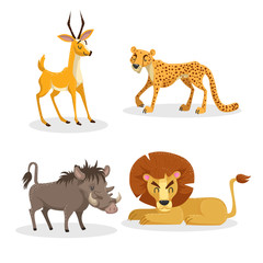 Cartoon trendy style african animals set. Cheetah, antelope, lion, pig warthog. Closed eyes and cheerful mascots. Vector wildlife illustrations.