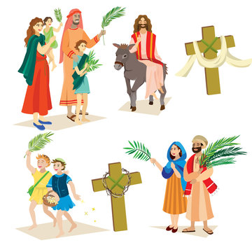 religion holiday palm sunday before easter, celebration of the entrance of Jesus into Jerusalem, happy people with palmtree leaves vector illustration,man Rides Donkey, kids and woman greetings Christ