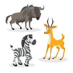 Cartoon trendy style african artiodactyls  set. Gnu, antelope, gazelle, wildebeest and zebra. Closed eyes and cheerful mascots. Vector wildlife illustrations.
