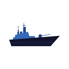 Obraz premium Flat style warship, battleship, armoured naval vehicle icon, vector illustration isolated on white background. Flat style vector icon of blue toy warship, battleship