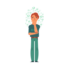Vector flat young redhead man in casual clothing jeans standing in thoughtful pose with cane holding his chin thinking with questions above head. Isolated illustration, white background