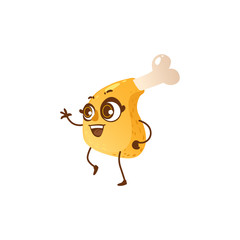 Funny crispy fried chicken, turkey leg, drumstick character with smiling human face, cartoon vector illustration isolated on white background. Happy cartoon fried chicken leg, drumstick character