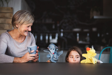 A small girl and grandmother with puppets at home.