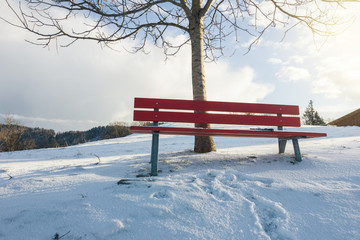 snow covered red bench in front of winter landscape with snow marks