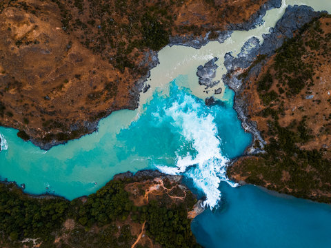 Aerial view of the confluence of the river of Baker (blue) and the river of Neff, Chile