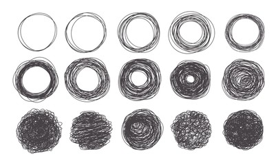 Vector grunge doodle style sketch circle frames set dirty dry brush, pencil strokes rough border abstract shape background promotion badge advertising commercial design template. Isolated illustration