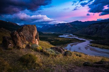 Valley with river and mountains during sunrise. Patagonia, Argentina