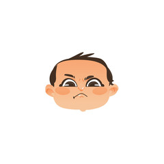 Comic style angry baby face, head twisted mouth, flat vector illustration isolated on white background. Flat, comic style angry baby boy head, face, negative emotion