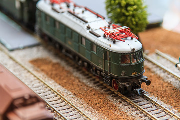 Train hobby model with railways, trees, grass and stations