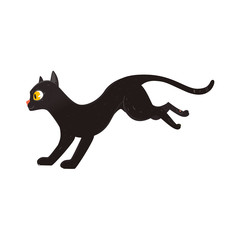 Cute fluffy black cat running, side view portrait, flat cartoon vector illustration isolated on white background. Black cat character, mascot running, jumping, playing