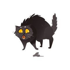 Cute fluffy fat black cat scared of little mouse, showing hackles, flat cartoon vector illustration isolated on white background. Fat black cat character, mascot scared of, frightened by mouse
