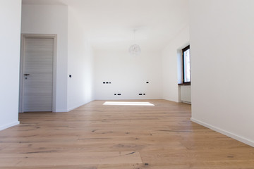 Empty sale apartment with white walls and natural wood oak parquet. Renovated flat without furniture with white light. Real Estate example flat, Open space loft with natural light and geometric lamp