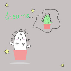 Cute cartoon cactus and juicy with a funny face sticker. White curly cactus. Cartoon illustration of a cactus