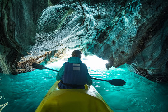 Woman explores caves