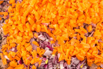 Meat stuffing with onions and carrots for bolognese sauce is fried in a frying pan - close-up