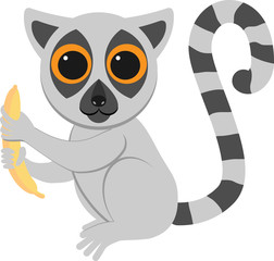 Cartoon funny sitting lemur with a banana. African animals. Geometric style. Flat illustration © julimur