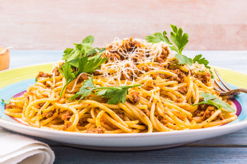 Spaghetti bolognese with cheese close-up on a rustic light background