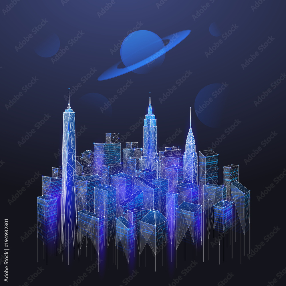 Leinwandbilder abstract image of blue landscape of the manhattan consisting of points, lines, and shapes in the for