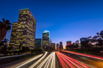 Fototapeta na wymiar Downtown Los Angeles, skyline with trail lights, California, USA