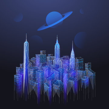 Abstract image of blue landscape of the Manhattan consisting of points, lines, and shapes in the form of planets, stars and the universe. Vector New York with planet on night sky wireframe concept.
