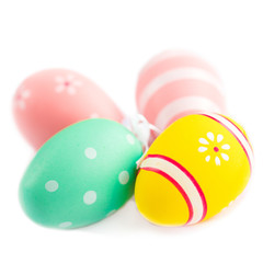 Colorful Easter eggs isolated on white background. Handmade painted festive eggs. Happy Easter!.