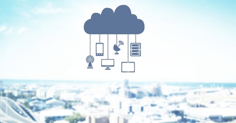 cloud icon and hanging connection devices over city