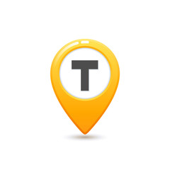 Taxi service, Flat style Yellow taxi icon. Map pin with T letter sign. Yellow taxi icon on white background.