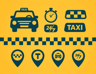 Taxi icons set. Flat style dark icons on yellow background. Map pin with taxi car, checks, map pins, timer signs. Taxi service banner elements. © ✦ Bizarre Factory ✦