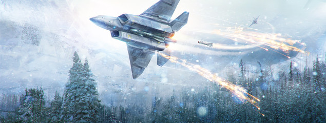 An air battle of two fantastic aircraft in the in winter sky in the mountain landscape. Digital paint, raster illustration.