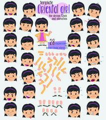 Asian girl. Twenty eight expressions and basics body elements, template for design work and animation. Vector illustration to Isolated and funny cartoon character.