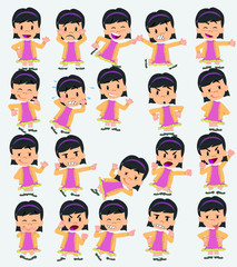 Cartoon character of a asian girl. Set with different postures, attitudes and poses, doing different activities in isolated vector illustrations.