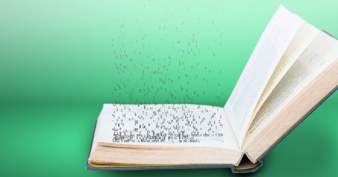 Opened book with falling letters on green background