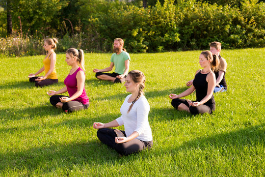 A group of people in a lotus pose on a green lawn in the park