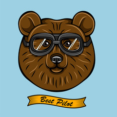 Cute Pilot Brown Bear Face Traveler Retro Aviator Glasses. Best Pilot Ribbon.  Illustration Isolated On White