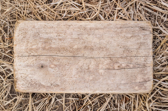 Wooden plaque on the background of a dry autumn grass