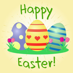 Set of multi-colored Easter eggs and tulips, against a background of golden rays. Happy easter.