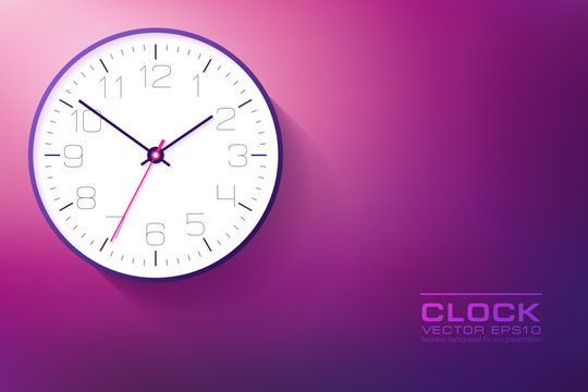 Realistic simple Clock in flat style with numbers, watch on purple and pink background. Business illustration for you presentation. Vector design object.