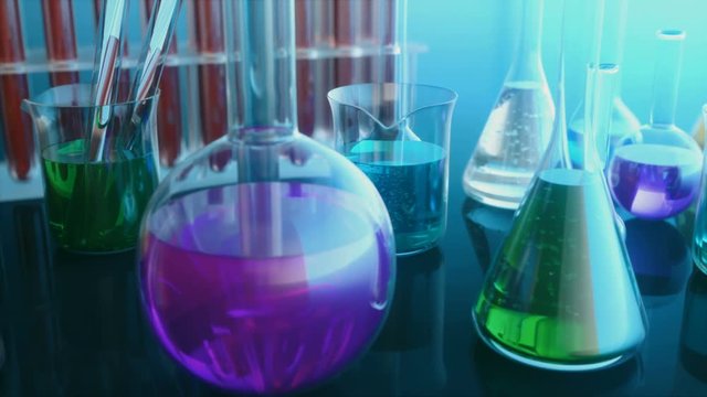 Laboratory flasks with colored liquids. Science and chemical, chemistry concept. 3d animation