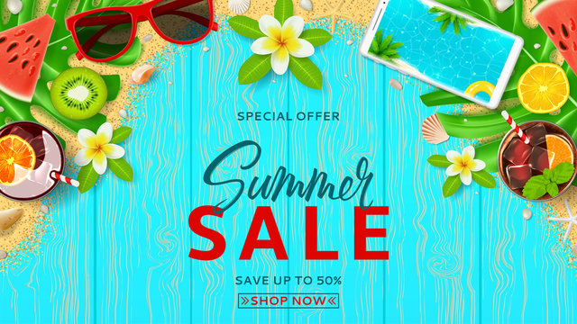 Summer sale promo web banner. Top view on Summer decoration with cocktails and fresh fruit on wooden texture. Vector illustration with special discount offer. Concept of seasonal vacation.