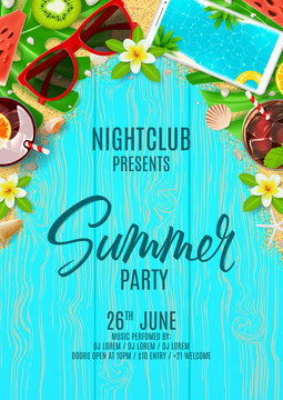 Beautiful flyer for summer party. Top view on Summer decoration with cocktails and fresh fruit on wooden texture. Vector illustration. Invitation to nightclub.