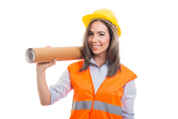 Female constructor or architect holding rolled blueprints.