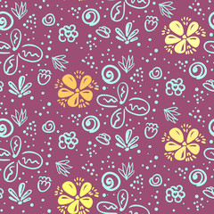 Cute violet doodle floral seamless pattern with outline blue and yellow flowers. Lovely naive texture with blossoms and blotches for textile, wrapping paper, banner, underwear, surface, wallpaper