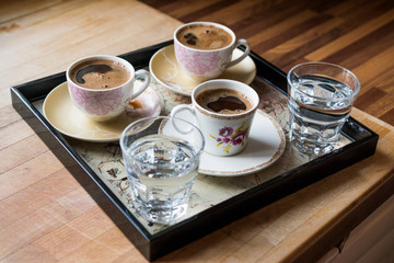 Turkish Coffee served with water in tray.