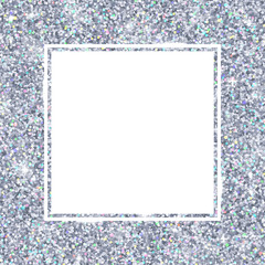 Silver glitter with colored particles, square frame. Vector