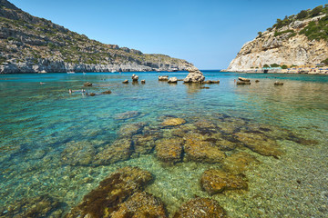 Clear water of the Anthony Quinn Bay at Rhodes island